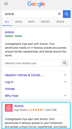 snapshot of app snippet on search results page