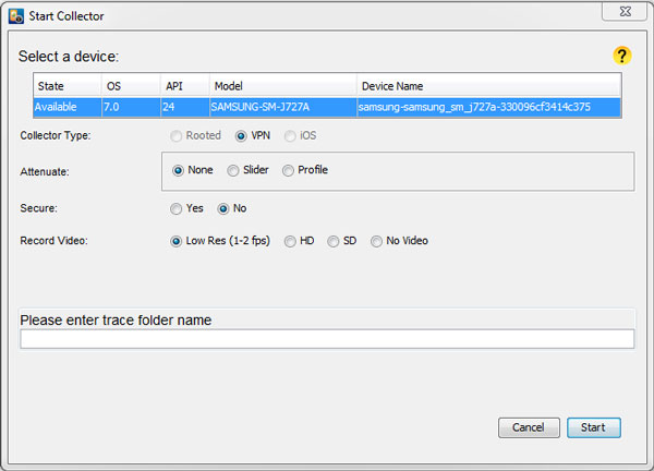 screenshot of trace collector start screen